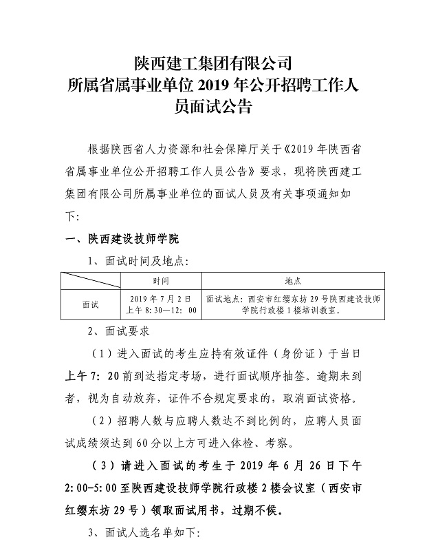 2019陜西省屬事業(yè)單位面試公告（陜西建工集團)(圖1)